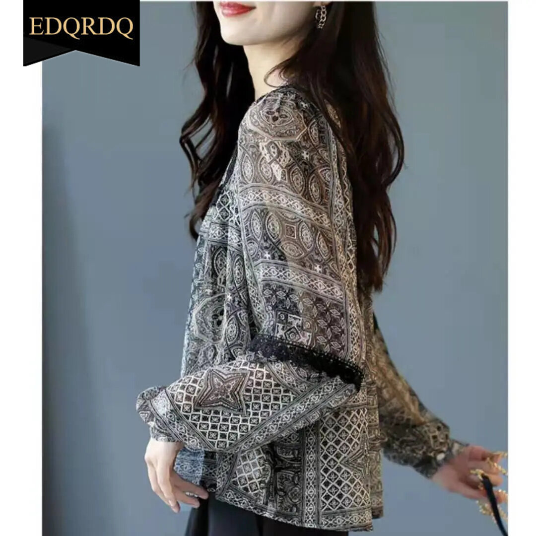 EDQRDQ Floral Chiffon Blouses Plus Size Loose Lace Joint Ladies Shirts Tops