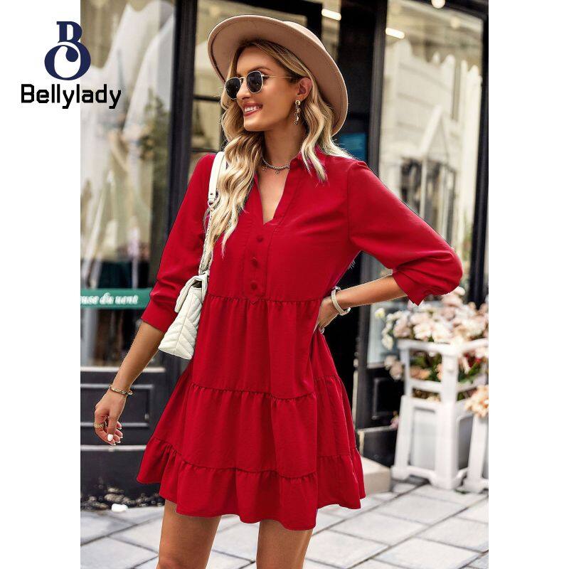 BellyLady Women V-neck Dress Solid Color Long Sleeves Pullover A-line Skirt Casual Ruffled Pleated Dress