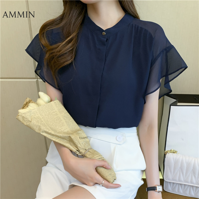 AMMIN Tops 2021 new stand-up collar short-sleeved elegant temperament fashion simple chiffon shirt female personality design sense bat sleeve all-match single-breasted blouse