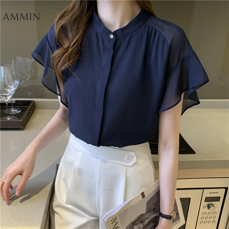 AMMIN Tops 2021 new stand-up collar short-sleeved elegant temperament fashion simple chiffon shirt female personality design sense bat sleeve all-match single-breasted blouse