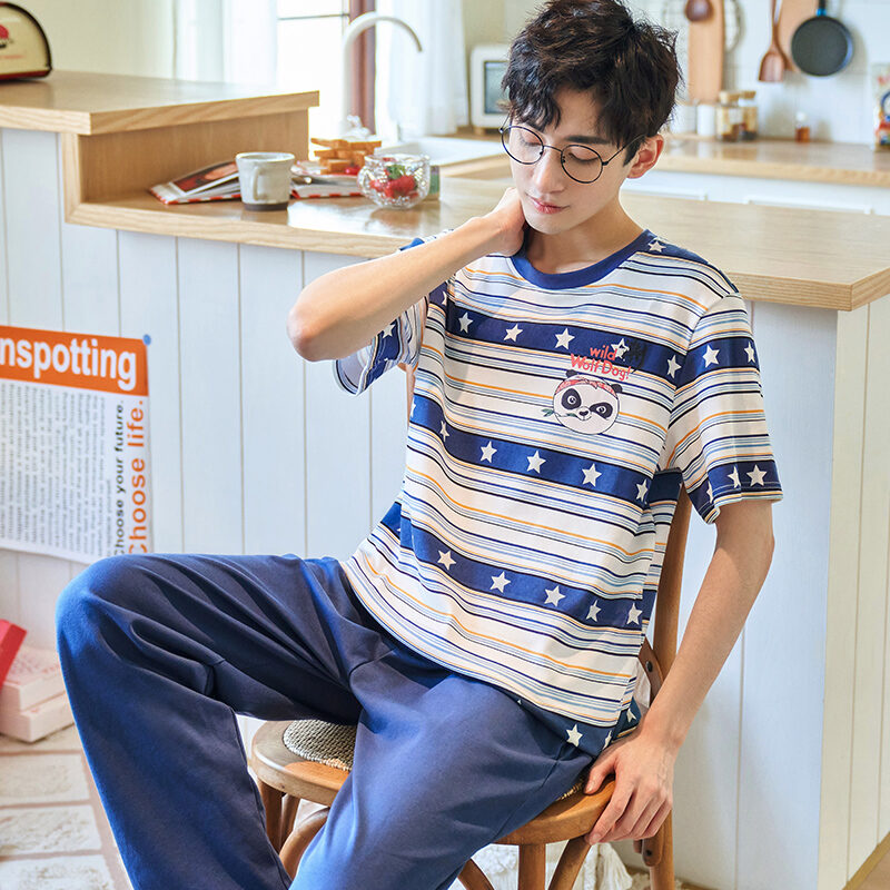 Good Goods Men's Pajamas Summer Cotton Thin Pajamas Men's Summer Short-Sleeved Trousers Purple Non-Pilling Spring Homewear