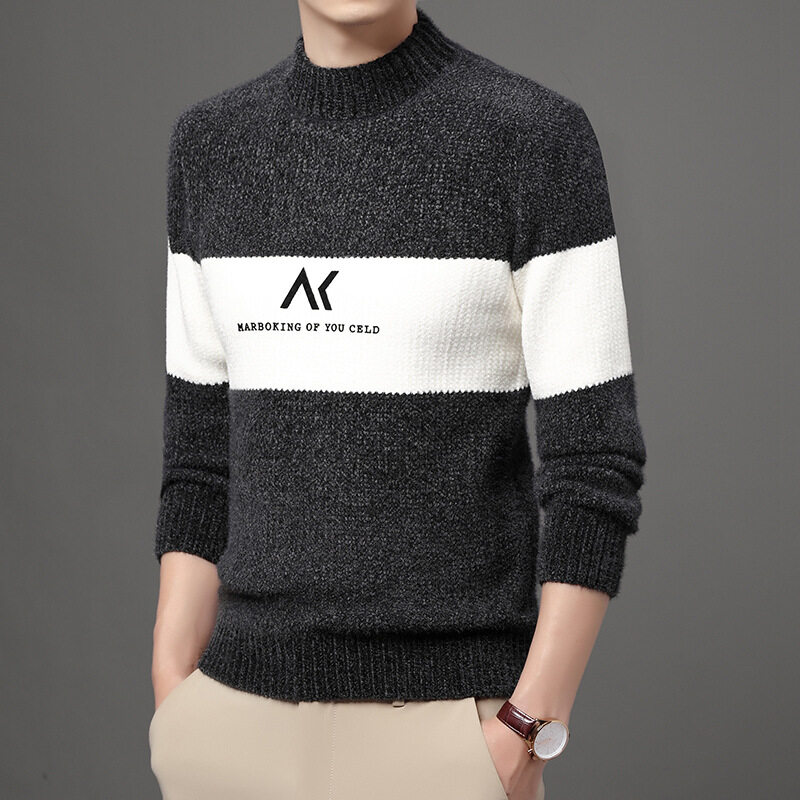 LUX ANGNER Brand Sweater Men Half Neck Casual Autumn Winter Thick Pullover Sweaters For Man Slim Fit Patchwork Knitted Pullovers