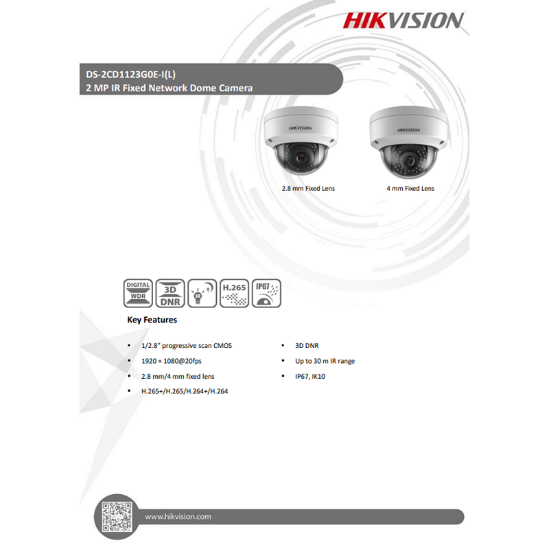 Hikvision 2MP IR Fixed Network Dome Camera (1920 × 1080 20fps, IP67, IK10, 30M IR Range, 2.8mm Fixed Lens)