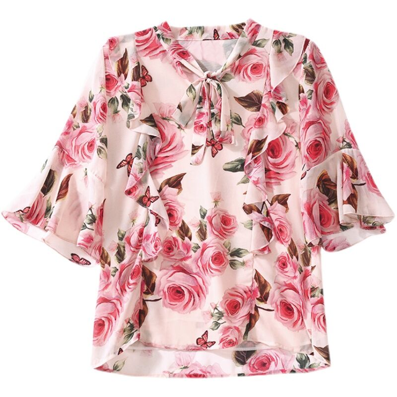 New Floral Chiffon Shirt Women's Fashionable Elegant Small Shirt Age-Reducing Stylish Chiffon Top