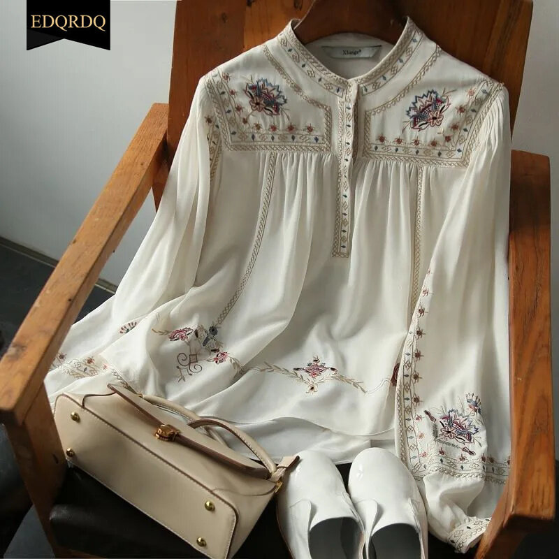 EDQRDQ Floral Bohemian Tops Muslim O Neck Puff Sleeve Elegant Blouses for Women