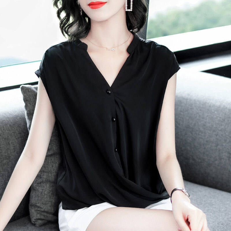 Blouse for Women V-Neck Chiffon Solid Loose Short Sleeve Women's Pullovers Shirts Summer Office Lady Plus Size Korean Style Top