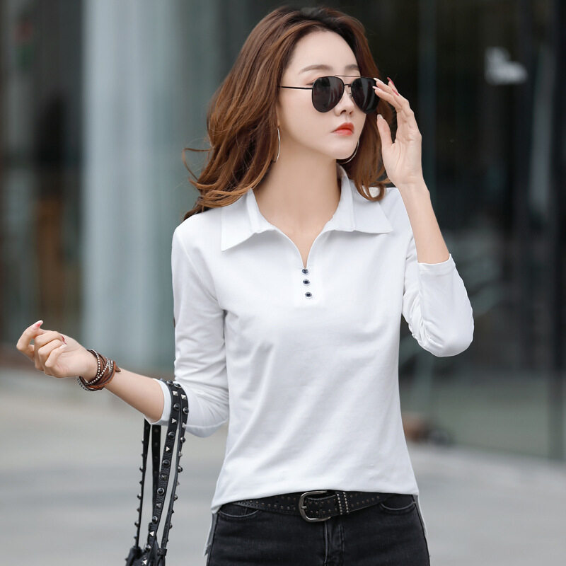 Lapel Long Sleeve Polo Shirt for Women Cotton Korean Style Plain Women's Blouse Popular Slim V-Neck T-Shirt 2022 Fashion Solid Color Clothes Casual All-matching Ladies Tops