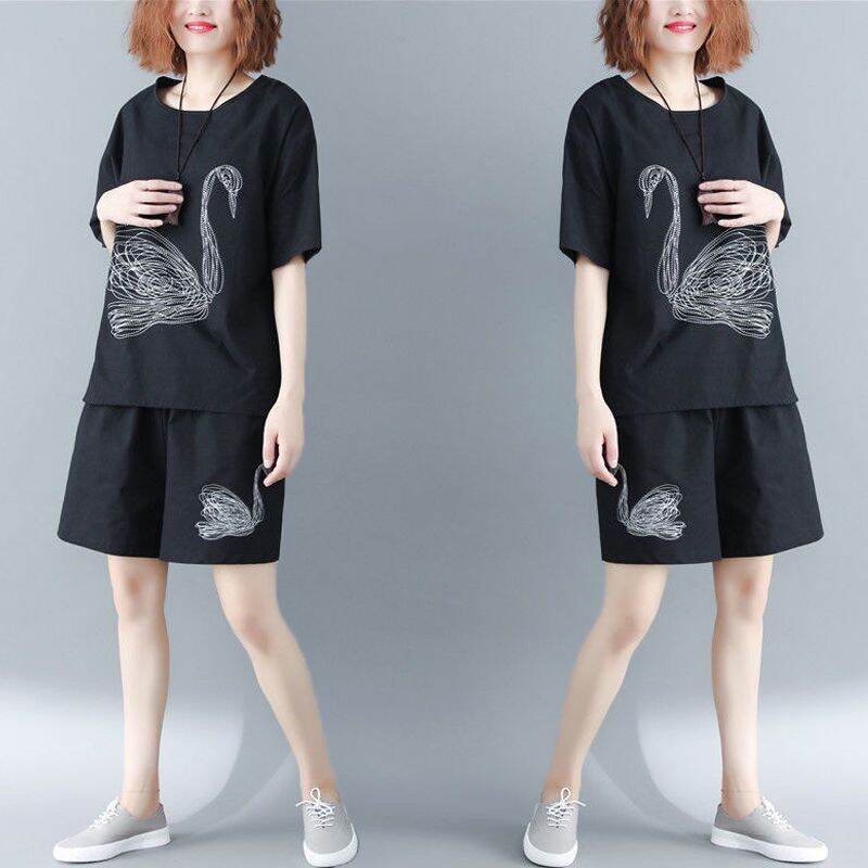 2021summer Fat Women's Sportswear Short-Sleeved Shorts New Embroidered Loose Large Size Slimming for Plump Girls Two-piece Set