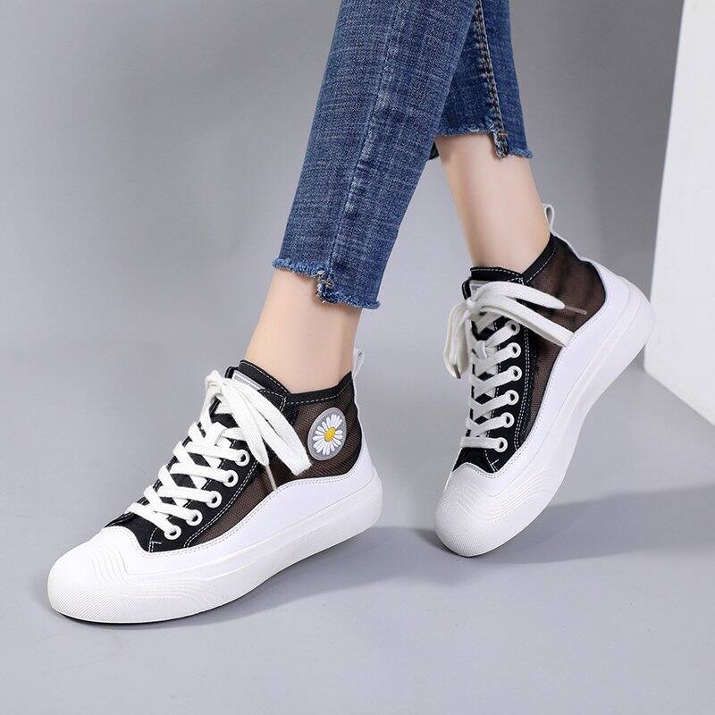 Hong Kong Popular Brand Fashion Daisy Hight-top Canvas White Shoes Female Korean-style New Style Breathable Mesh Sports Casual Board Shoes