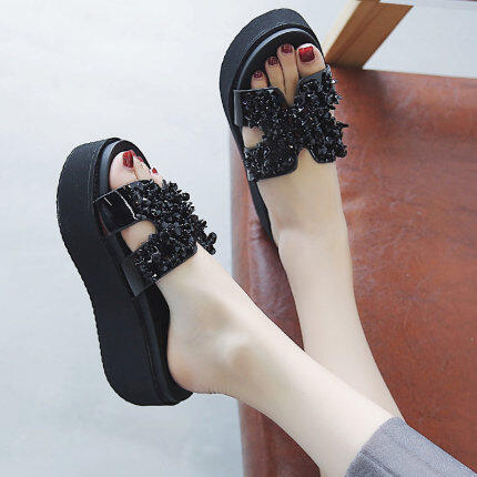 Women Shoes Shop Sparkling Beads Strap Wedges High Heels