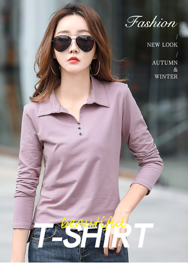 Lapel Long Sleeve Polo Shirt for Women Cotton Korean Style Plain Women's Blouse Popular Slim V-Neck T-Shirt 2022 Fashion Solid Color Clothes Casual All-matching Ladies Tops