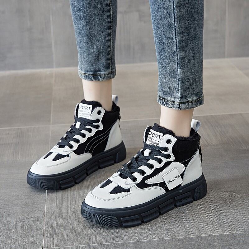 High-Top Cotton-padded Shoes Women's Winter Fleece-Lined 2021 New All-Match Genuine Leather Platform Sneakers Elevator Dad Shoes White Shoes