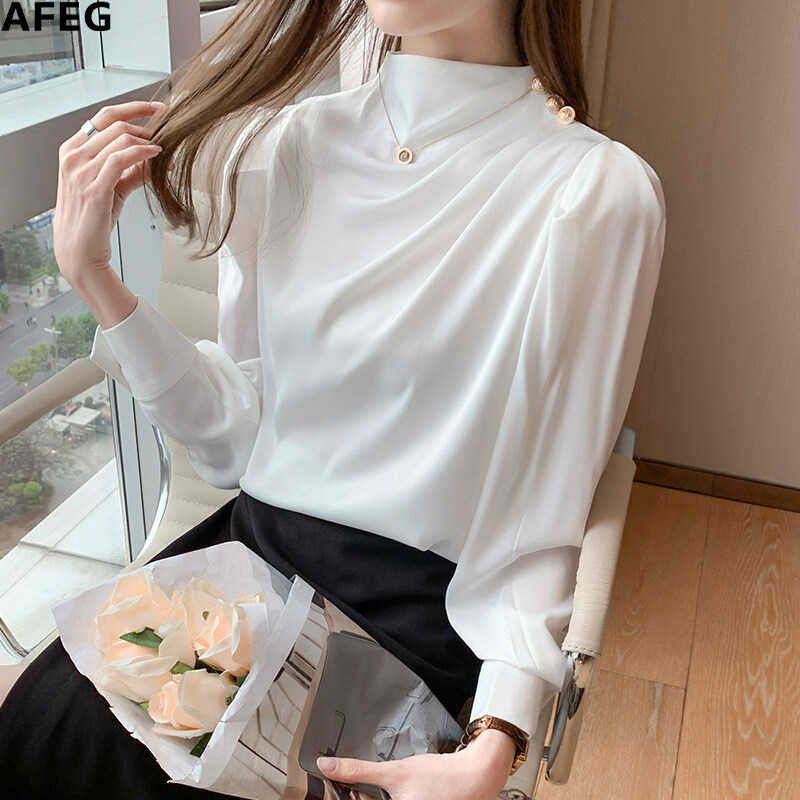 AFEG new Korean fashion all-match temperament satin long-sleeved blouse for women